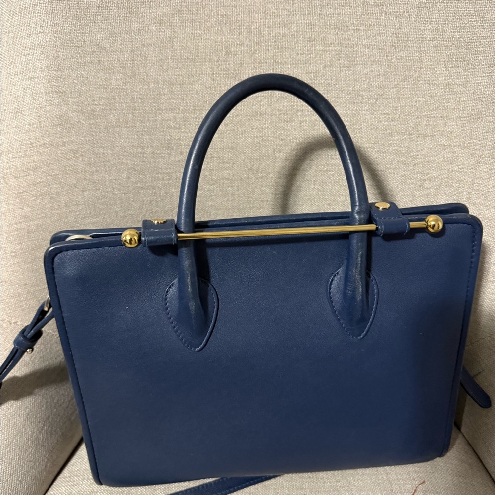 Strathberry Blue Satchel with Gold Accents